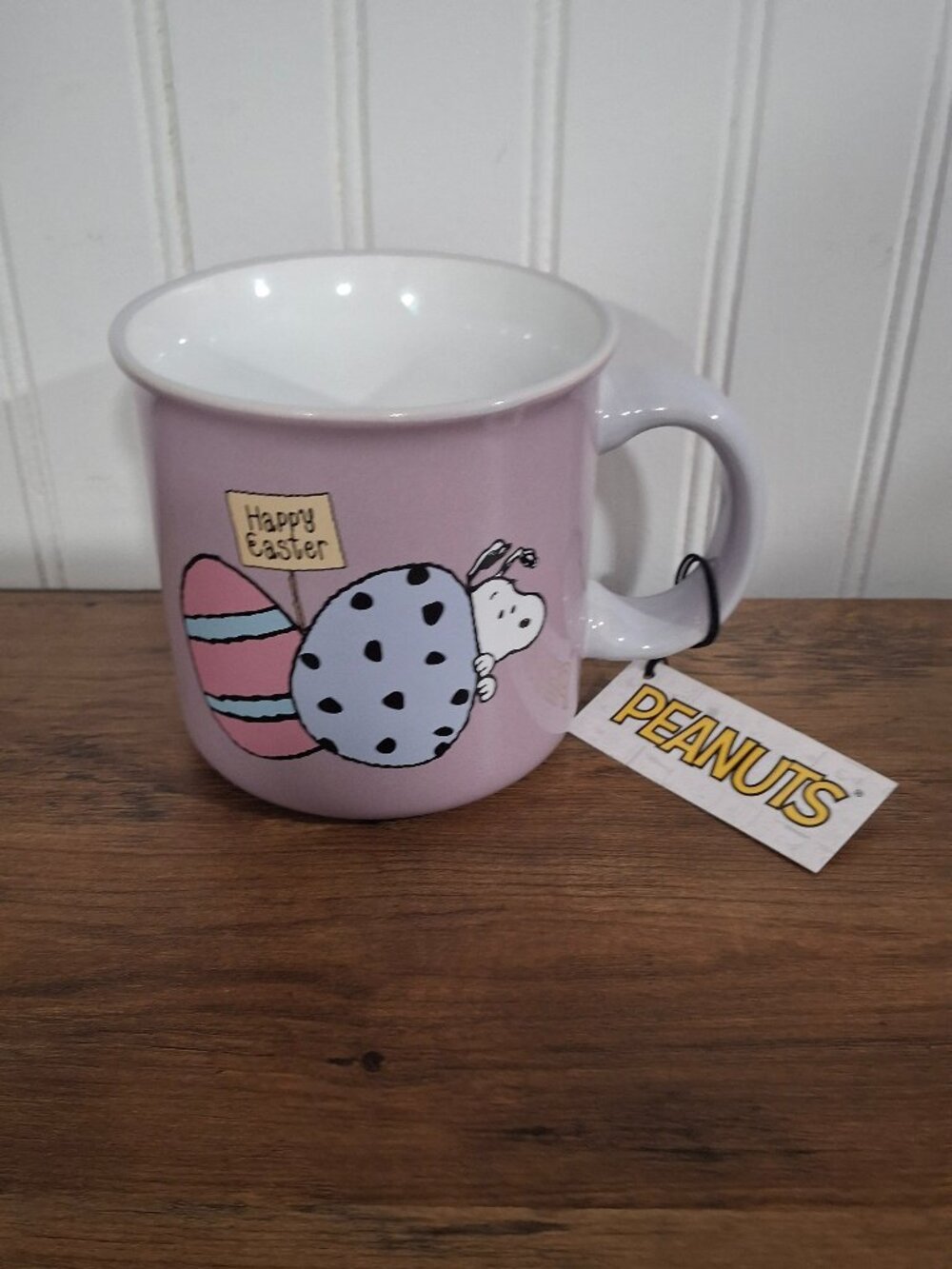 New Peanuts Easter Ceramic Coffee Mug Purple Easter Eggs Snoopy Woodstock Inside